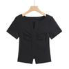 Estilo Deseo Puro Cuello en V Botón de Alta Gama Plisado Cintura Alta Corto Moderno Combinable Estilo Coreano Manga Corta Camiseta de Mujer Top 232