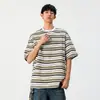 Camiseta de Manga Corta a Rayas Color-Block Tendencia Retro Japonesa para Hombre, Nuevo Estilo de Verano con Bordado Texturizado, Camiseta de Manga Media con Cuello Redondo