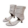 2025 primavera y otoño nueva moda punta redonda tacón alto sandalias zapatos de mujer tela tacón fino sandalias talla grande comercio exterior