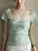 Lalaglo2026 Nuevo Estilo Francés Retro Hecho a Mano Crochet Calado Ajustado Encaje Camiseta Manga Corta para Mujer