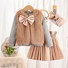 Comercio Exterior Transfronterizo Ropa Infantil Europea y Americana Niñas Tops de Color Sólido con Chaqueta de Lazo Peludo Falda de Cuero Plisada Conjunto de Tres Piezas