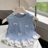 Verão Novo Infantil Doce Costura Renda Sem Mangas Camiseta Tops Meninas Estilo Coreano Colete com Laço