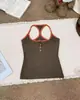 3640# Primavera Nuevo Color Block Camisola Acolchada Diseño de Botones Versátil Tirante Delgado Crop Top Mujer