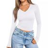 2024 Amazon Top de Manga Larga de Otoño para Mujer Cuello en V Estilo Básico Ajustado Camiseta de Mujer con Diseño Patchwork Ajustado