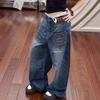 Jeans de Pierna Ancha Estilo High Street Americano con Bolsillo Invertido, Diseño de Chica Picante, Dobladillo Curvo para Mujer con Bordado, Tiro Bajo, Pantalones Deconstruidos Asimétricos de Largo hasta el Suelo