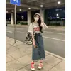 145 Saia Jeans Retro de Cintura Alta com Franjas e Franjas para Mulheres de Baixa Estatura, Modelo A, Fenda Lateral, Comprimento Médio, Tamanho XS, Verão Alto