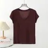 Camiseta Fina Respirável com Caimento, Cor Sólida, Manga Curta, Gola U Grande, Mistura de Lã Tencel, Versátil, Emagrecimento, Camada Base