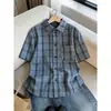 Camisa a cuadros verde claro retro americana para hombre, camisa casual de verano de manga corta relajada, camisa versátil de cinco mangas