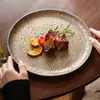Plato Plano Martillado con Esmalte Dorado, Estilo Vintage de Alta Gama, Plato para Comedor en Casa, Vajilla Cerámica Comercial, Plato para Postre, Plato para Bistec