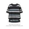 Suéter de tricô de lã listrado color-block com gola redonda, moderno, soltinho e modelador, versátil, estilo japonês de nicho, cinza da moda para outono e inverno