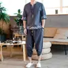 Terno de Linho Masculino Estilo Chinês Masculino 2022 Novo Verão Algodão e Linho Manga Curta Camiseta Verão Masculino Camiseta Tang