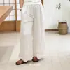 Verano 2026 Nuevo Estilo Vintage Color Sólido Lino Pantalones Rectos Sueltos Versátiles Lino Bordado Pantalones de Pierna Ancha Venta al por Mayor