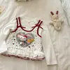 Timo Roupas Casuais para Meninas Camiseta de Manga Longa com Estampa de Desenho Falsa Duas Peças Outono Renda Estilo Coreano Patchwork para Meninas