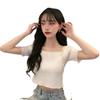 Camiseta de Tricô Manga Curta com Gola Quadrada para Mulheres, Verão 2026, Camiseta Básica Slim Fit Off-Shoulder Transfronteiriça, Top Estilo Coreano