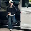 Conjunto de Sudadera para Niña 2026 Primavera y Otoño Nueva Moda Cuello Grande Rayas Falso Dos Piezas Top y Jeans Conjunto de Dos Piezas