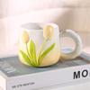 Taza de Cerámica Tulipán Alto Valor de Color Pintada a Mano Color Bajo Esmalte Taza Gradiente para Agua Taza para Pareja con Flor en Relieve