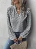 Nova Camisa Feminina Estampada com Gola Dobrada e Manga Lanterna Elegante Francesa Amazon Europeia e Americana Transfronteiriça Top Comércio Exterior