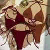 Bikini de Tres Puntos Sexy con Cordones de Color Puro Europeo y Americano para Mujer Bikini para Traje de Baño de Playa de Aguas Termales Caliente de Amazon