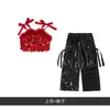 Conjunto de Jazz para Niñas, Top Rojo Brillante de Lentejuelas Hip-Hop para Niña con Pantalones de Cuero Negros, Disfraz de Baile Callejero para Niños