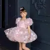 Vestido Rosa com Manga Bufante para Meninas 2025 Outono Novo Vestido de Princesa para Aniversário Infantil Performance de Piano Saia Tutu
