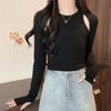 Nova Camiseta Preta de Manga Comprida Estilo Coreano Outono para Mulheres Design Vazado Sensual Ajustada Curta Camiseta Básica Top