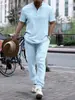 Amazon Aliexpress Ropa de Hombre Transfronteriza Camisa Casual de Manga Corta y Pantalones Largos Conjunto de Playa Algodón Lino Estilo Delgado de Moda