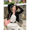 Cardigã cinza para mulheres, novo estilo 2026, jaqueta de tricô, peça externa curta para primavera, blusa fina para outono, look estilo coreano
