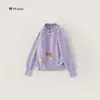 Cárdigan de punto morado para niña, nuevo estilo de otoño, decorado con moños coloridos tridimensionales, abrigo suéter de cuello redondo