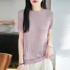 2026 Primavera/Verão Novo Tricô de Seda Gelada Gola Redonda Manga Curta Feminino Crochê Vazado Cor Sólida Camisa Base Top Camiseta