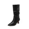 Parte superior de tela punta fina tacón medio talla grande botas de mujer hasta la pantorrilla botas estilo europeo y americano 7705