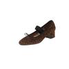 Sapatos Mary Jane Elegantes e Bonitos de Pele de Ovelha Estampada de Leopardo, Versáteis, Coleção Primavera 2025, Salto Médio Grosso, Bico Arredondado, Couro Genuíno, Camada Única, para Mulheres