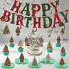 Bandeirola de Letras Vermelha e Verde de Natal Árvore de Natal Caixa de Presente Banner de Puxar de Aniversário Decoração de Topo de Bolo