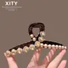 Pinza de Tiburón Grande Clásica y Elegante de Perlas y Pedrería Color Champán, Moderna y Versátil para Cabello Grueso, Pinza para el Cabello de Cobertura Total