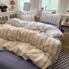 Juego de Cuatro Piezas de Algodón Lavado a Rayas Estilo Japonés, Simple y Suave, Juego de Tres Piezas Cómodo, Sábana Plana, Sábana Ajustable, Bueno para Dormir, Cómodo, Estilo Ins