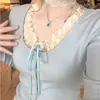 Miles de artículos en stock, precio real sin cambios Camiseta de manga larga de seda helada acanalada, estilo dos piezas falso, patchwork de encaje rosa