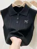 Colete Tricot Gola Polo para Mulheres, Peça de Sobrepor de Verão, Roupa de Baixo, Regata sem Mangas, Top Curto Bordado, Branco