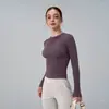 Ropa de Fitness Redonda de Alta Elasticidad Europea y Americana para Mujer Color Puro Camiseta Base de Yoga Manga Larga Nylon de Pulido Corto Aspecto Adelgazante Tops Deportivos