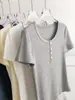Camiseta de Manga Corta con Cuello Redondo y Hombro Normal, Lyocell Tencel de Alta Elasticidad, Suave y Fresca, para Mujer, Top de Verano Ajustado