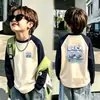 Camiseta Térmica de Forro Polar para Niños Otoño Invierno Niños Elegante Dibujos Animados Cuello Redondo Cálida Manga Larga para Niños Medianos y Mayores Mangas Raglán