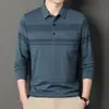 Camiseta de manga larga de primavera para hombre con cuello, ropa para hombres de mediana edad y mayores, top con bolsillo real, polo a rayas
