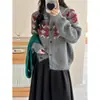 Cárdigan de punto cálido estilo Fair Isle floral coreano para mujer, suéter abrigo holgado estilo retro perezoso para primavera y otoño