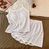 Camisola de Punto Rayada Tejida por Colores de Verano para Mujer con Encaje Conjunto Dulce para Niña con Almohadillas en el Pecho 26 Nuevo Estilo Ropa de Casa
