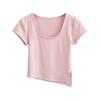 Camiseta de verão europeia e americana com gola quadrada, manga curta, cor sólida, elástica, justa, slim fit, emagrecimento, curta, com fenda lateral, irregular