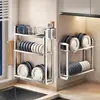 Prateleira de armazenamento de cozinha em aço inoxidável, escorredor de louça de parede sem furos, suporte para tábua de corte, porta-hashis e suporte para tigelas - disponível para dropshipping
