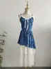 Vestido Floral Francês com Alças Finas Verão Renda Patchwork Irregular Camadas Vestido de Comprimento Médio Vestido Floral com Alças Finas