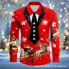 Camisa Casual de Manga Larga con Cuello Revatible, Estampado de Reno Navideño Simulado, Impresión 3D, Ambiente Festivo, Directo del Fabricante