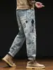 Calça Jeans Reta Bordada Resistente Estilo Americano para Homens, Marca de Moda High-Street, Calça Longa Solta Casual Tendência Versátil para Primavera e Verão