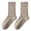 Calcetines de algodón puro para mujer, estilo nuevo de primavera y otoño, con bordes de volantes y lunares, calcetines sin costuras de tubo medio, calcetines de encaje versátiles y adelgazantes
