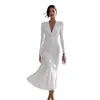2026 Superventas de Amazon Vestido Blanco Europeo y Americano de Cuello en V Fruncido de Manga Larga Ajustado