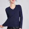 Camiseta de Manga Larga con Cuello en V LyocellTencel 2026 Primavera Nueva Azul Oscuro Adelgazante Ligera para Mujer